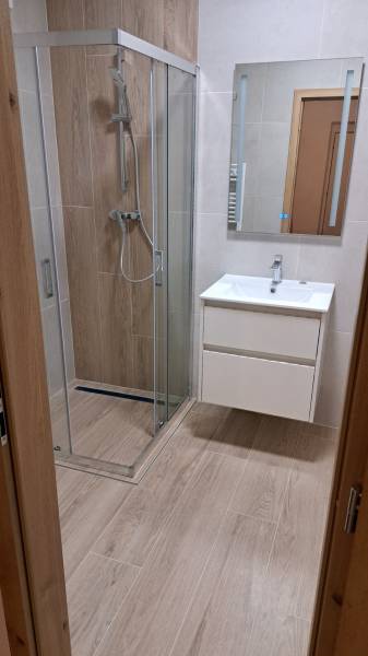 Bathroom with wood-patterned flooring, a shower corner, and a sink in a 2-room apartment.