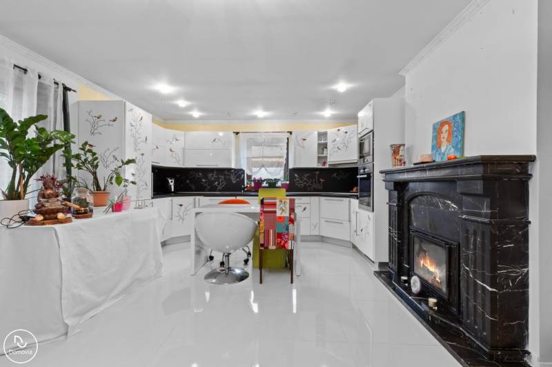 A kitchen in a family house with a fireplace, white cabinets, and plants, with a wooden decor floor.
