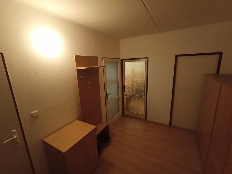 A brightly lit hallway with a wood-patterned floor, a cabinet, a coat rack, and glass doors.