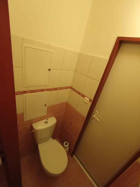 A bathroom with tiles and a door in a 2-room apartment, pink and white tiles.