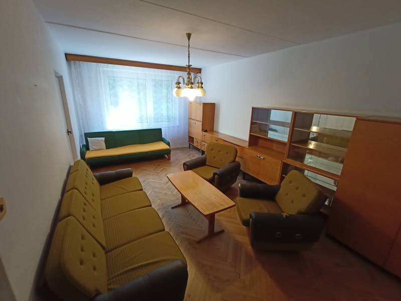 Living room with sofas and furniture, wooden decor flooring, 2-room apartment.