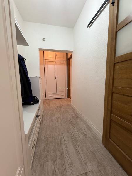 A narrow hallway in a 2-room apartment with storage space and a built-in wardrobe.