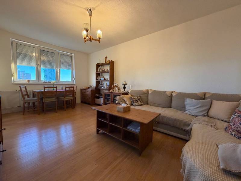 Living room in a 2-room apartment with a wooden decor floor and comfortable seating.