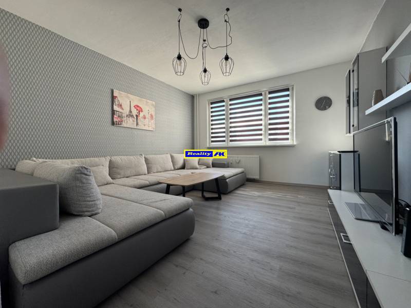 Living room in a 3-room apartment with a sofa and a wooden decor floor.