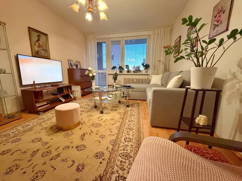 Living room in a 3-room apartment with pleasant lighting, wood-patterned flooring, and a comfortable sofa.