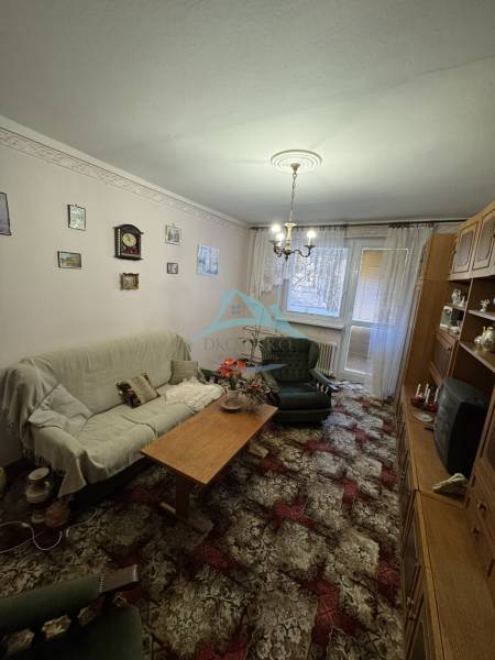 Living room in a 3-room apartment with a carpet, sofa, and wooden furniture.