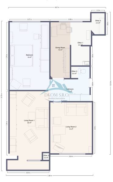 Floor plan of a 3-room apartment with a living room, bedroom, and dining room.