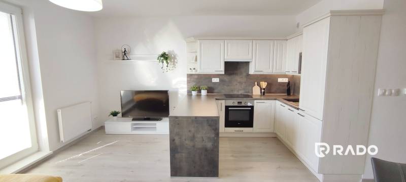 Living room with a kitchenette, light wooden-patterned floor in a 2-room apartment.