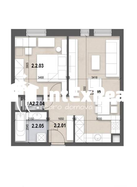 Floor plan of a 2-room apartment with a living room, kitchen, and bathroom.
