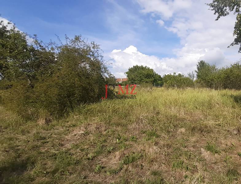 Grassy recreational plots in Horné Jabloňovce with a blue sky and shrubs in the background.