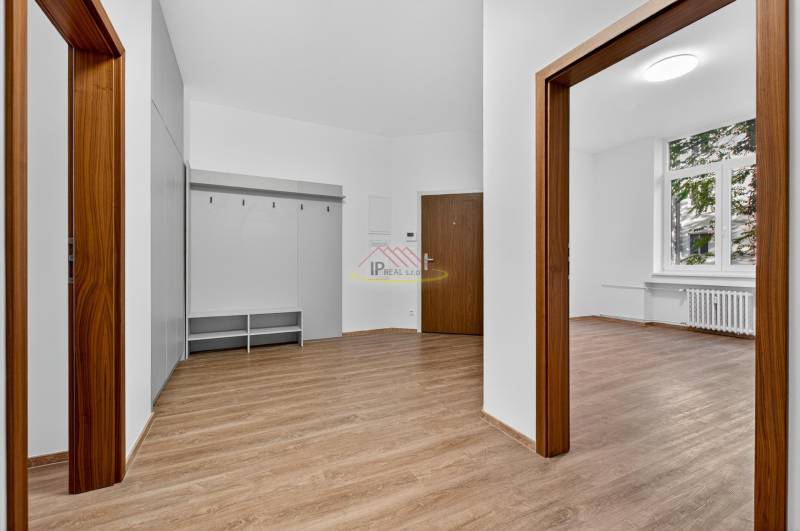 Interior of a 4-room apartment with a wood-patterned floor and a large window.