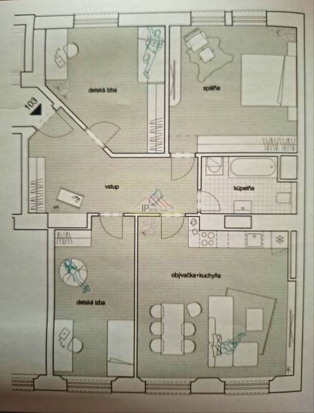 Floor plan of a 4-room apartment with two children's rooms, a living room with a kitchen, a bedroom, and a bathroom.
