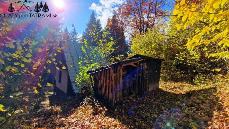 A cottage in the village of Bystrá in Tále, surrounded by autumn nature with a shelter in the forest.
