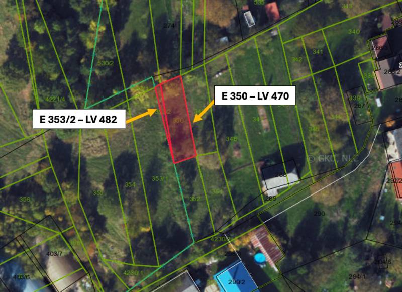 Meadows, agricultural and forest lands highlighted by parcel numbers and cadastral data.