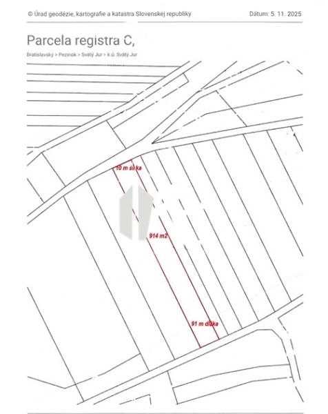 Cadastral map of Svätý Jur, plot in the vineyards, area 914 m², width 10 m.