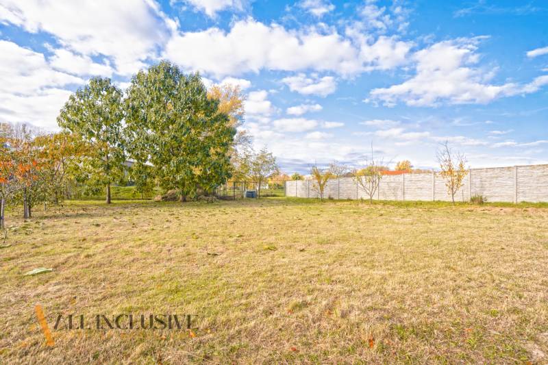 A garden at a family house in Veľké Kosihy with a lawn and trees.