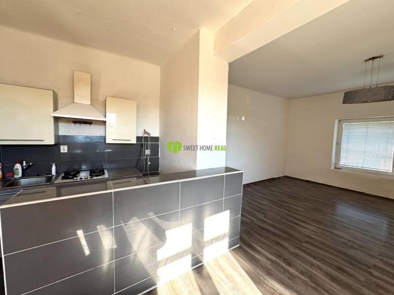 Kitchen and living room with wood-patterned flooring in a family house.