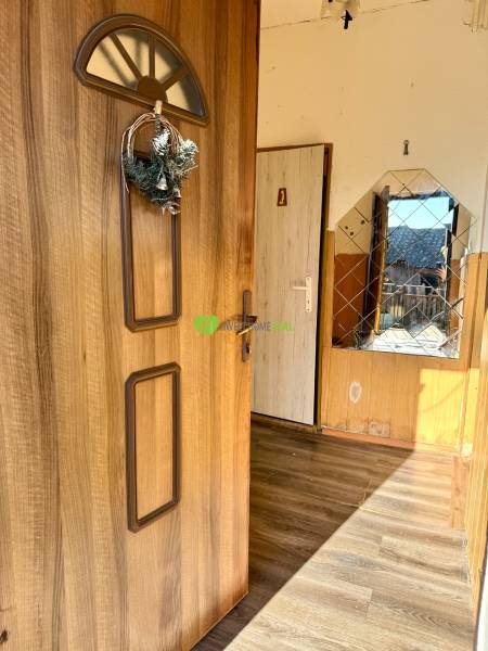 Doors with decor, mirror, and floor with wooden decor in a family house.