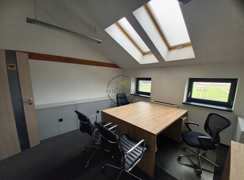 An office with a desk and chairs, under skylights, with a wood-patterned floor.