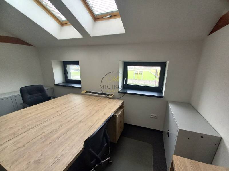 Offices with wood-patterned flooring, skylights, and desks.