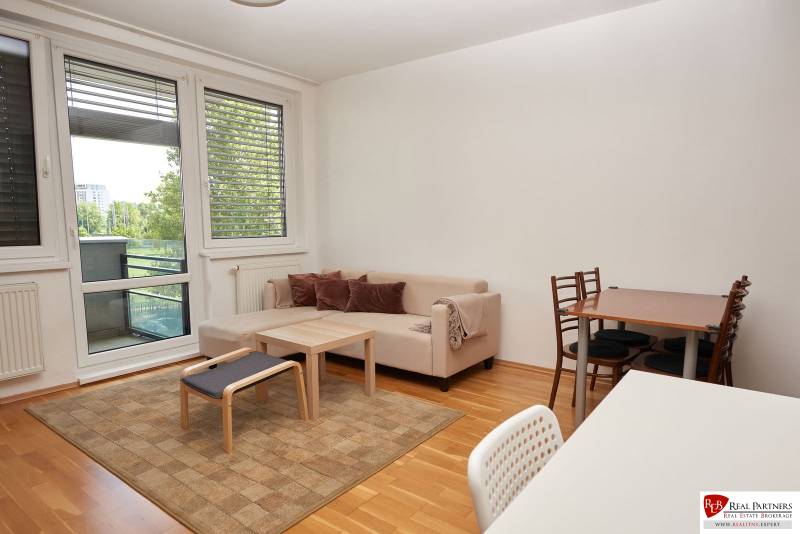 Living room with a sofa, dining table, and wood-patterned flooring in a two-room apartment.