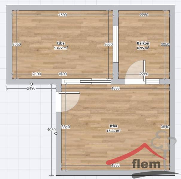 Floor plan of a family house with two rooms and a balcony. Floor with wooden decor.