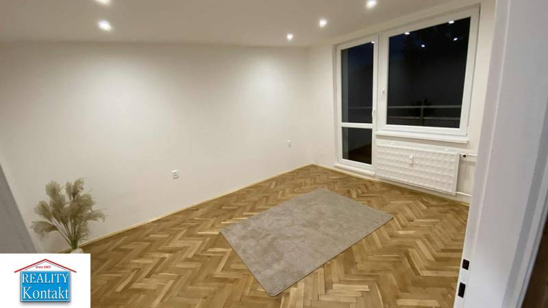 A room in a one-bedroom apartment with a wood-patterned floor and a large window.