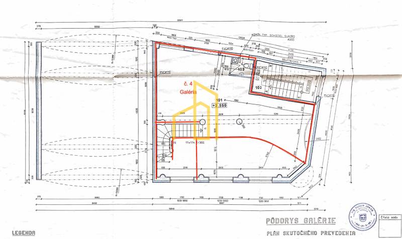 Floor plan of commercial premises with detailed layout and dimensions in Komárno on Petőfi Street.