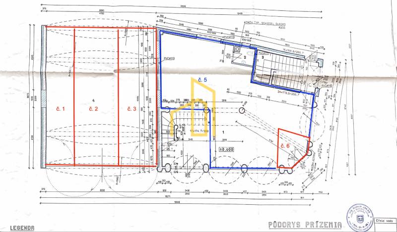 Ground floor layout with numbered sections of commercial spaces and dimensions on Petőfi Street in Komárno.
