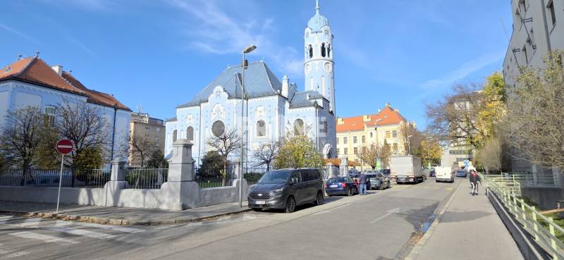 The Blue Church on Bezručova Street in Bratislava, Old Town, sunny day.