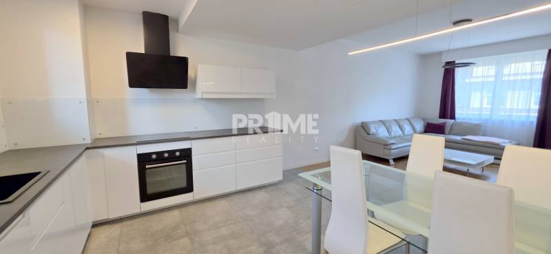 Kitchen and living room in a 2-room apartment with a wood-patterned floor and a gray sofa.
