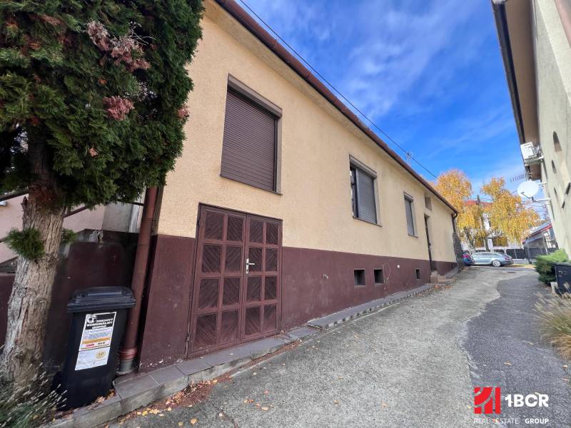 A family house in Bratislava-Rača with a garage and a tree by the road.