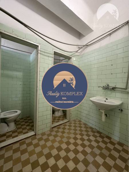 Bathroom in commercial premises with tiles and a sink.