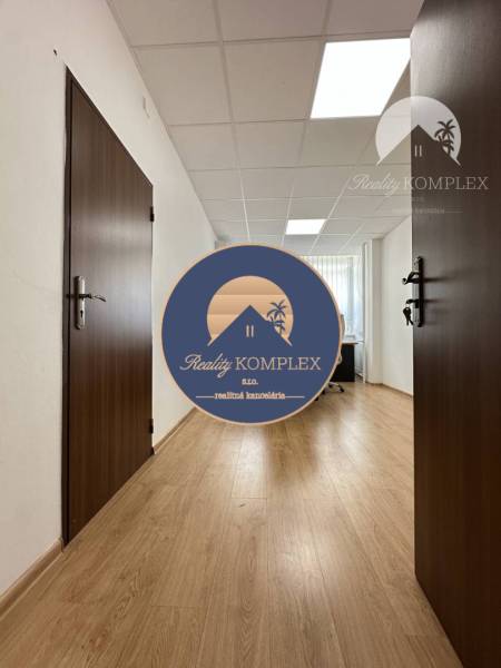 Offices with wood-patterned flooring, doors, and ceiling lights.