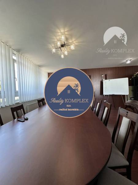 Offices with wood-patterned flooring, a long table, chairs, and a ceiling light.