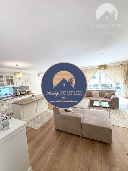 Living room with a sofa, kitchen, and wood-patterned flooring in a family house.