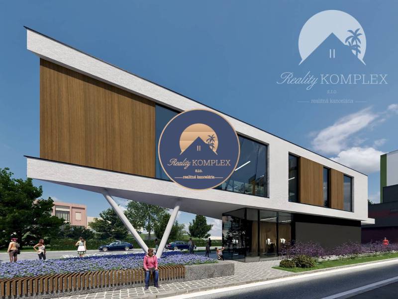 Modern building, glass walls, street, greenery, people outside, urban living.