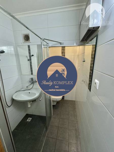 Bathroom with a shower and dark flooring in a studio apartment, white tiles.