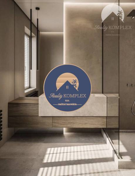 Bathroom with stylish sink, lighting, and built-in cabinets. Interior and 2-room apartment.