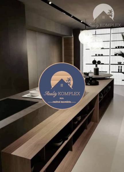 The image shows an elegant kitchen with lighting, a sink, and modern shelves in a 2-room apartment.