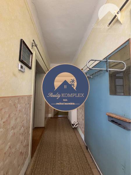 A hallway in a family house with textured walls and a carpet runner.