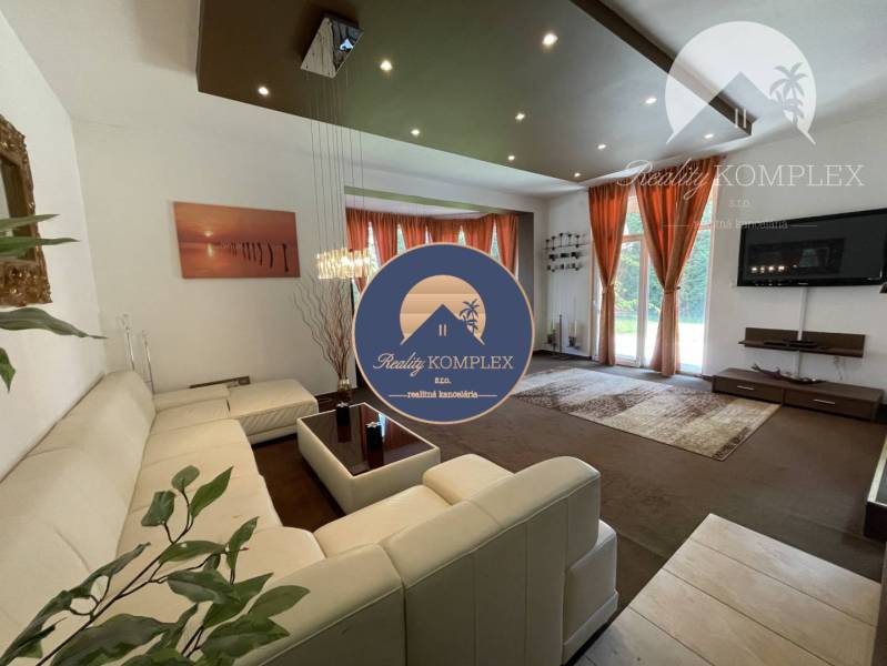 Elegant living room with a comfortable sofa and modern lighting in a family house.