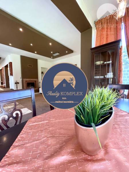 Interior of a family house with a plant on the table, elegant lighting, and curtains.