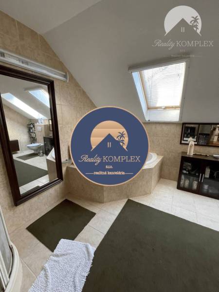 A bathroom in a family house with a bathtub, a skylight, and green mats.
