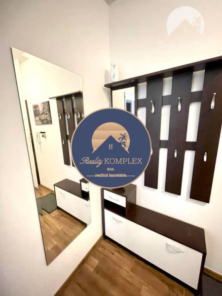 Hallway of a 2-room apartment with a large mirror and a coat rack wall, floor with wooden decor.