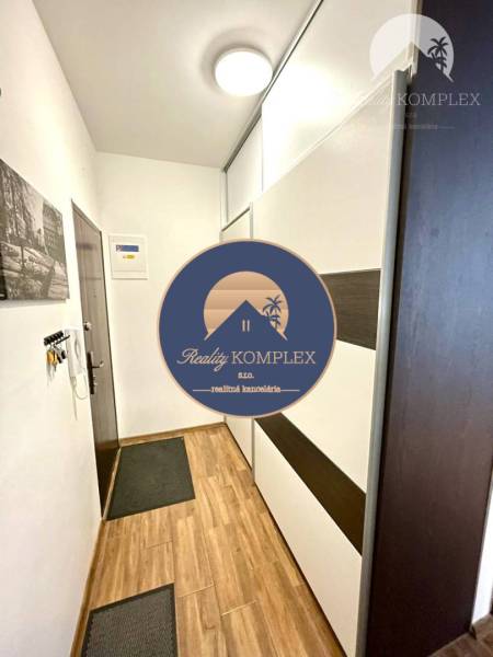 A hallway in a 2-room apartment with a wooden decor floor and a built-in wardrobe.