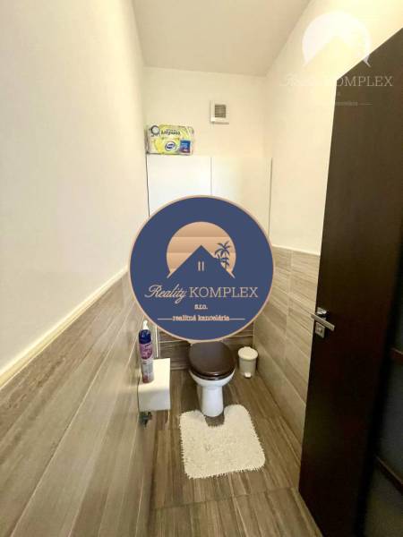 A bathroom in a 2-room apartment with a wooden decor floor and a dark toilet seat.
