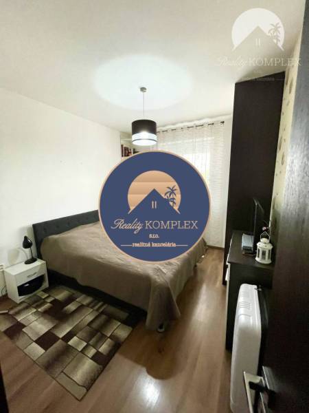 A bedroom in a 2-room apartment with a bed, carpet, and wooden decor flooring.