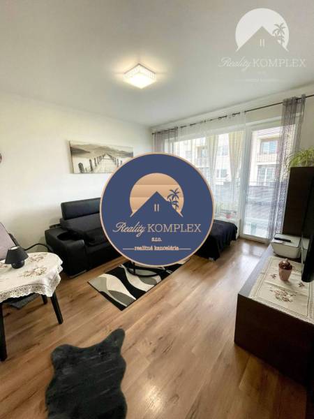 Living room in a two-room apartment with dark furniture and a wooden decor floor.