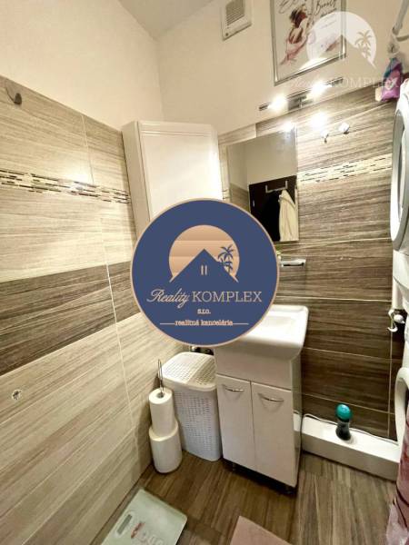 Bathroom in a 2-room apartment with a wooden decor floor, shower corner, and washbasin.